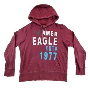 American Eagle Men's Medium 1977 Logo Burgundy Long Sleeve Hoodie